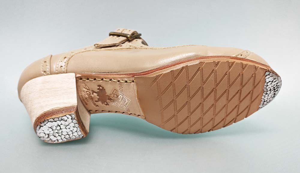 Zapato de Baile Flamenco Profesional Piel Beige y Tacón Cubano