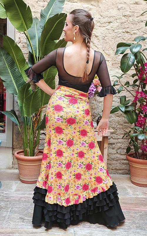 Falda Flamenco Albero Estampada de Flores y Volantes Negros