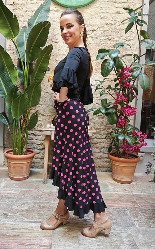 Jupe-surjupe flamenco noire à pois roses