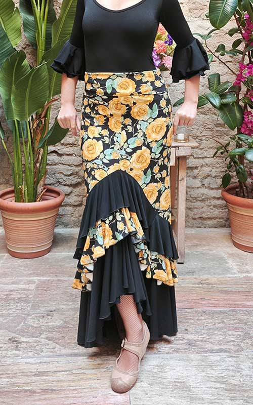 Falda Flamenco con Estampado de Flores Amarillas y Volantes Negros