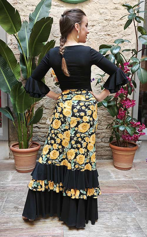 Falda Flamenco con Estampado de Flores Amarillas y Volantes Negros