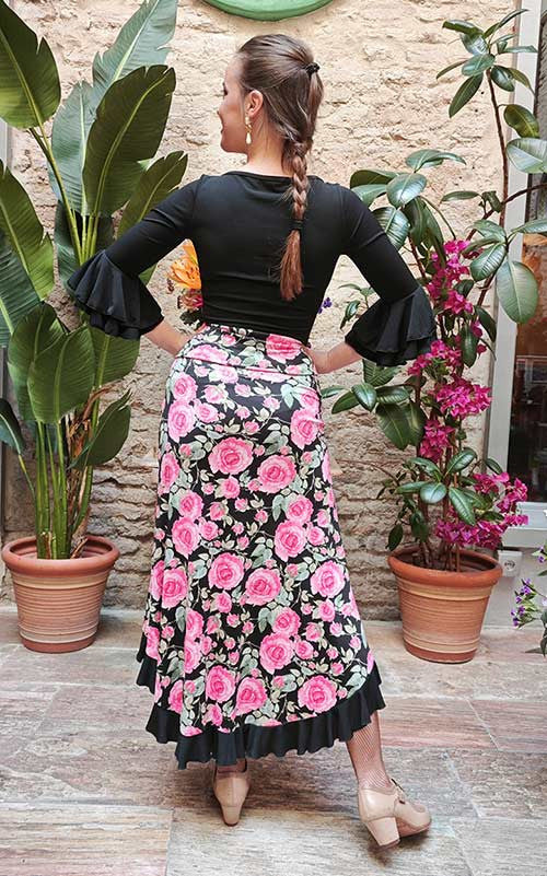 Jupe de flamenco - Superjupe imprimée de fleurs roses et de volants noirs