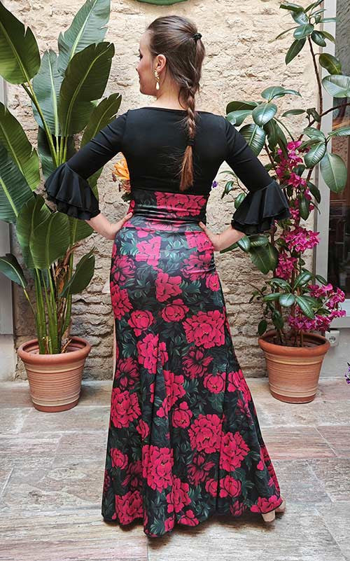 Falda Flamenco Negra con Flores de Gardenia en Rojo
