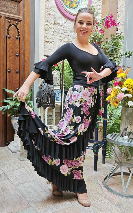 Falda Flamenco Estampada de Flores en Tonos Pastel con Volante Diagonal e Inferior Negro