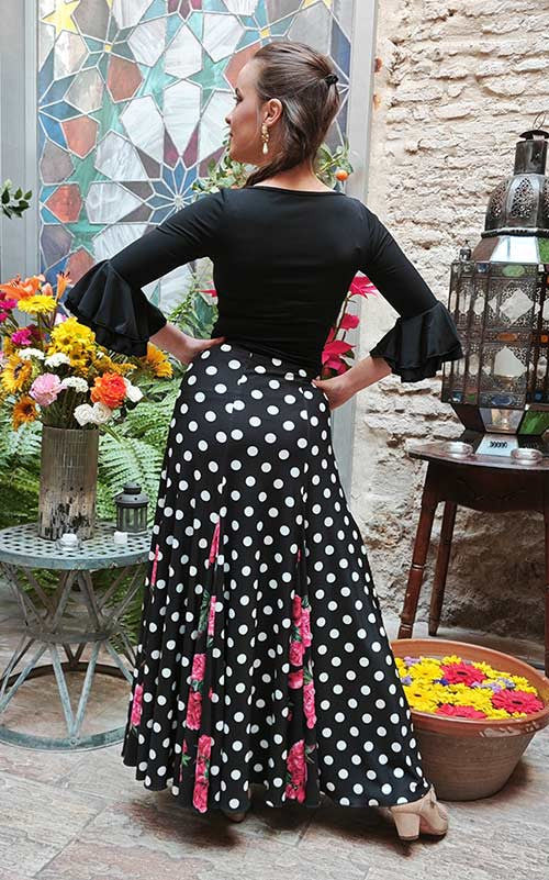 Falda Flamenco Negra con Estampado de Lunares y Godets de Flores Rosas con Mucho Vuelo