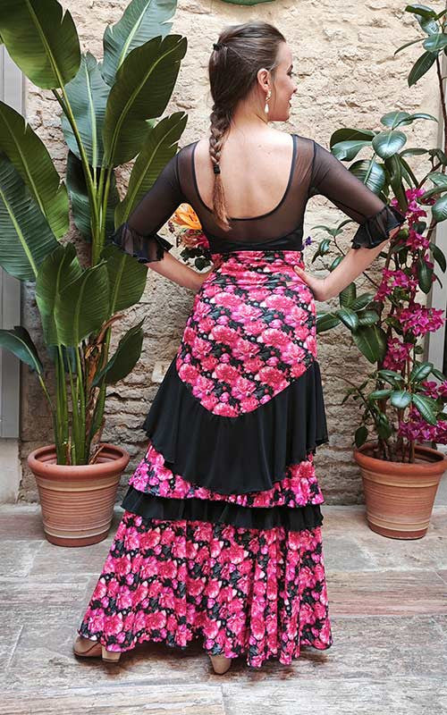 Jupe de flamenco imprimée d'œillets et de volants noirs alternatifs