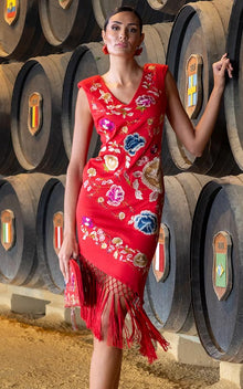 Robe Oloroso rouge corail à fleurs brodées