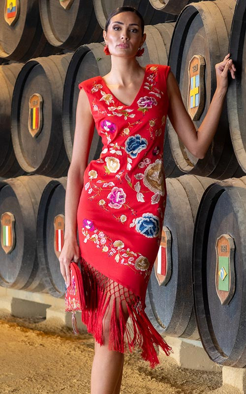 Robe Oloroso rouge corail à fleurs brodées