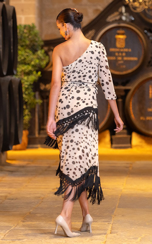 Beige Albariza Skirt with Black Polka Dots and Fringes
