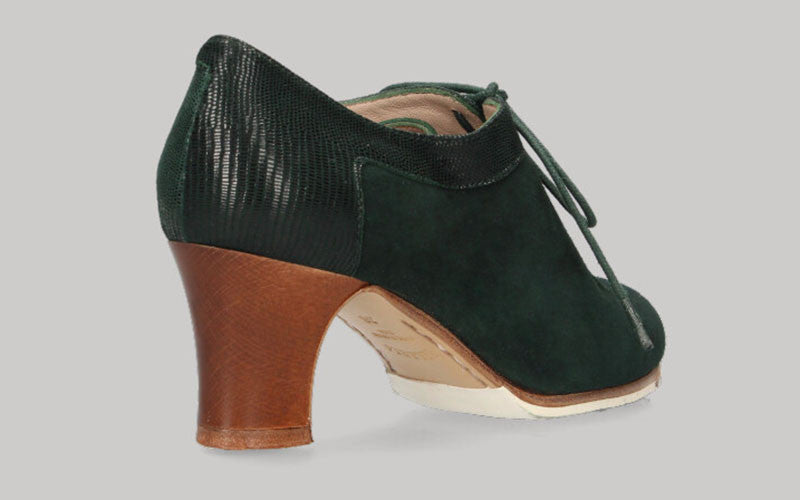 Chaussure de danse flamenco professionnelle combinée en daim vert bouteille et cuir fantaisie avec lacets