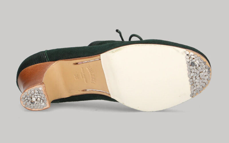 Chaussure de danse flamenco professionnelle combinée en daim vert bouteille et cuir fantaisie avec lacets