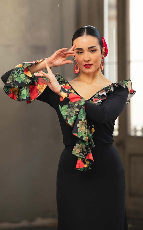 Top Flamenco Lola Negro Con Volantes de Flores