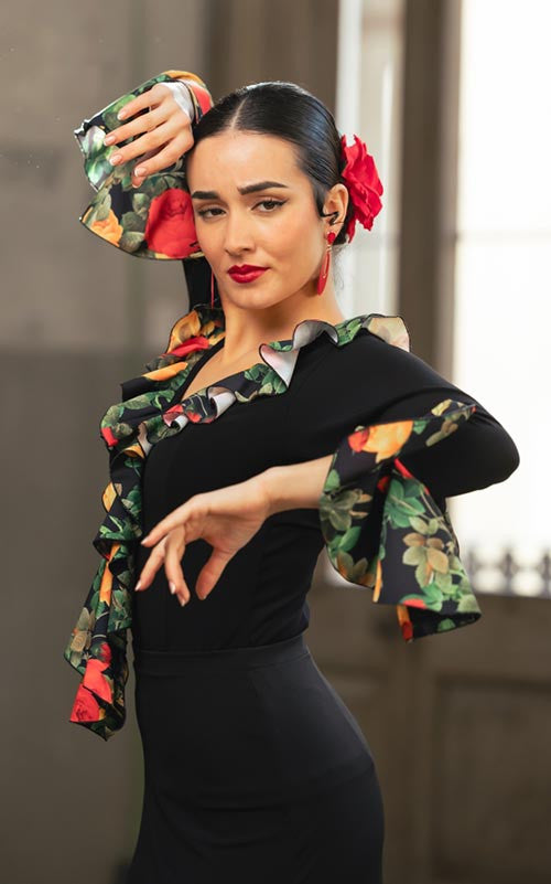 Top Flamenco Lola Negro Con Volantes de Flores