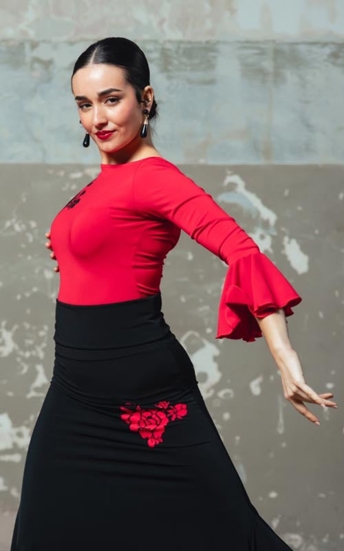 Ruby Boucher Flamenco Top with Black Embroidered Flower