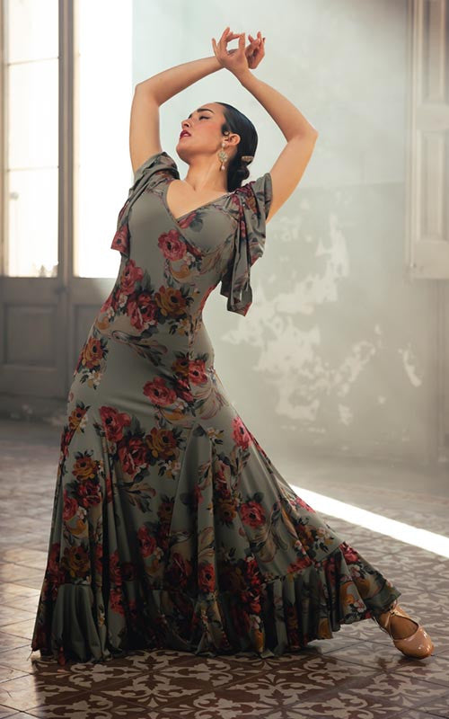 Robe flamenco à imprimé floral et vagues vert kaki