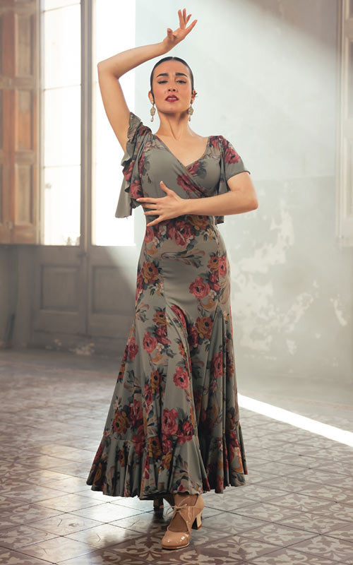 Robe flamenco à imprimé floral et vagues vert kaki