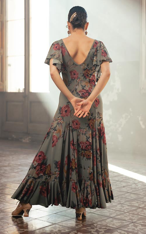 Robe flamenco à imprimé floral et vagues vert kaki