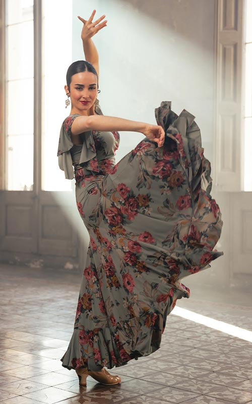 Robe flamenco à imprimé floral et vagues vert kaki