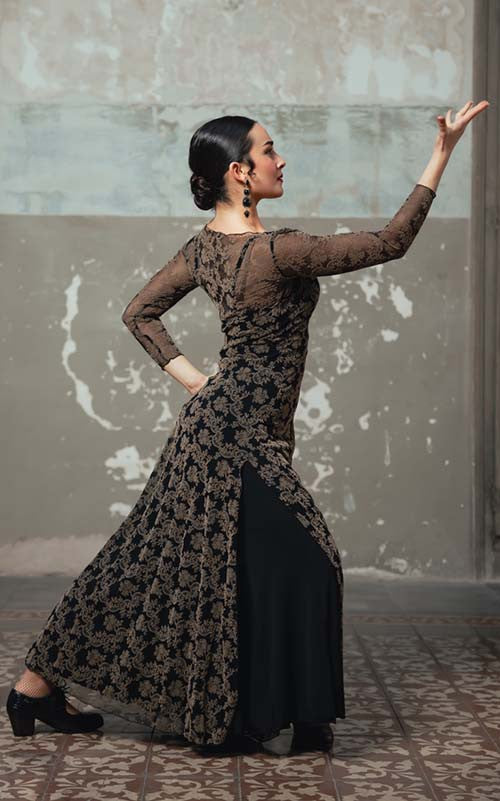 Robe de flamenco rococo en tulle extensible noir à imprimé marron