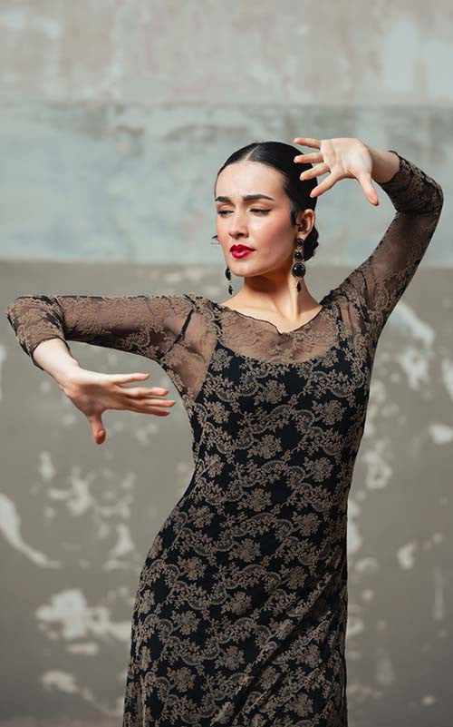 Robe de flamenco rococo en tulle extensible noir à imprimé marron