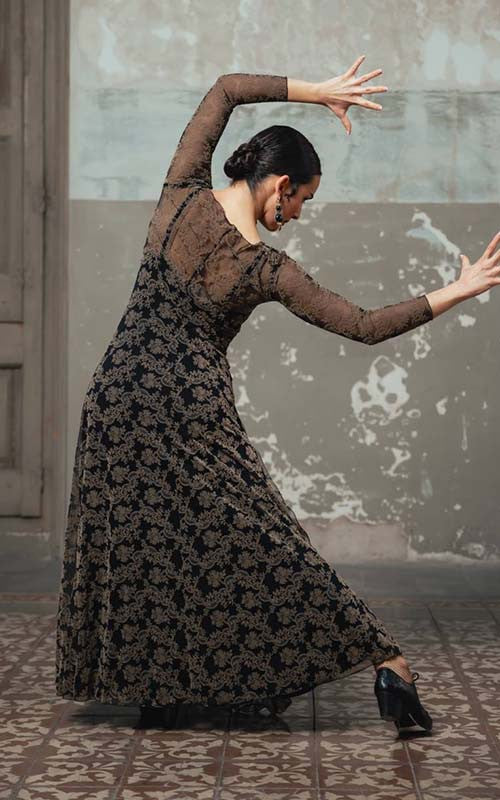 Robe de flamenco rococo en tulle extensible noir à imprimé marron
