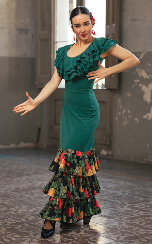 Jupe flamenco Aureola verte à 3 volants imprimés floraux
