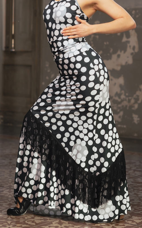 Falda flamenco quimera estampada con volante diagonal de flecos