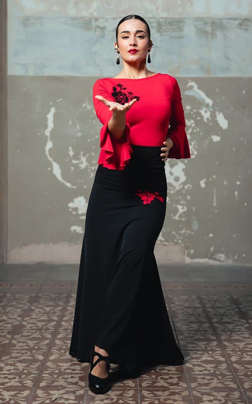 Falda Flamenco Voluta Entallada de Punto Elástico Negro