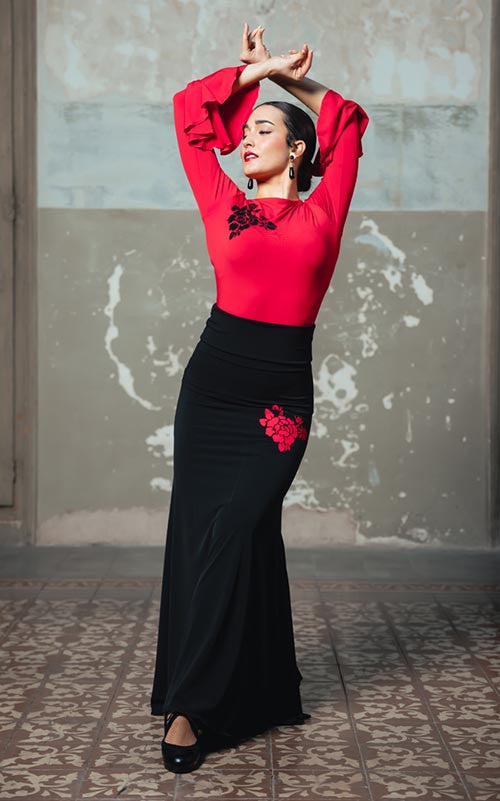 Falda Flamenco Voluta Entallada de Punto Elástico Negro