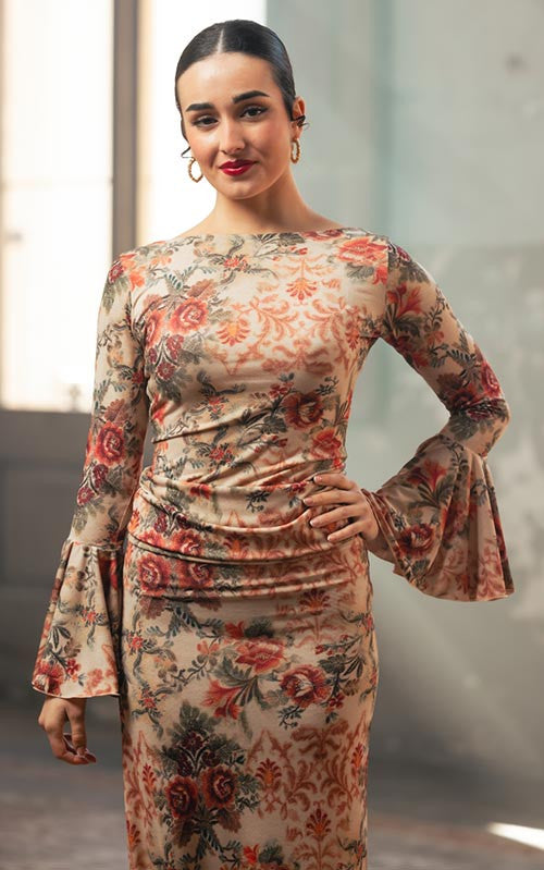 Top Flamenco Estampado Con Volante En Manga y Escote Barca