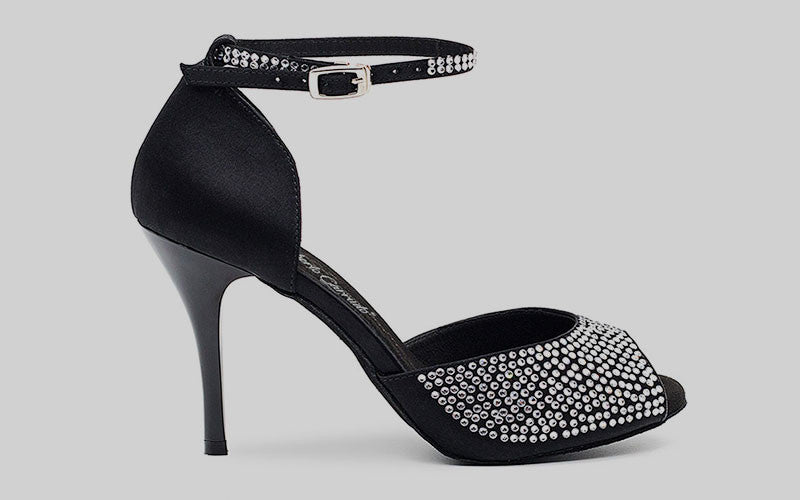 Chaussure de danse de salon et de tango noire avec strass en cristal sur la tige