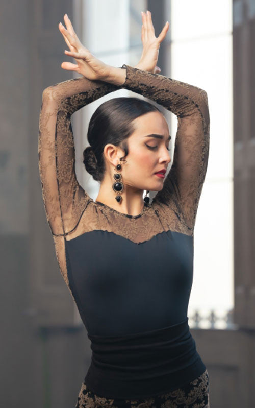 Body Microfibra Negro de Manga Larga y Tul Negro con Estampado Marrón