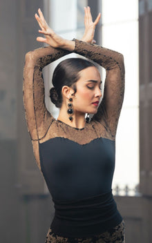 Body Microfibra Negro de Manga Larga y Tul Negro con Estampado Marrón