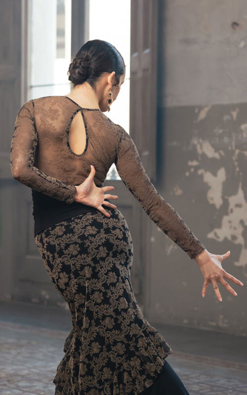Brown Microfiber Lustre Long-Sleeve Leotard with Brown Flocked Tulle Print