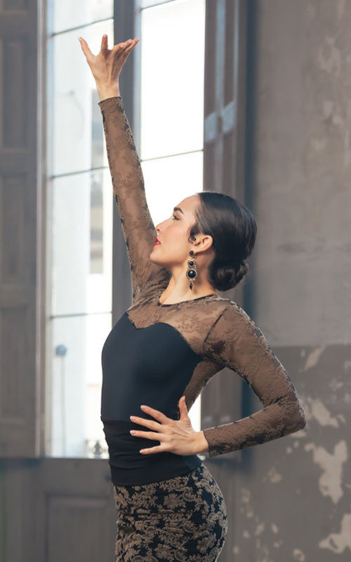 Body Microfibra Negro de Manga Larga y Tul Negro con Estampado Marrón