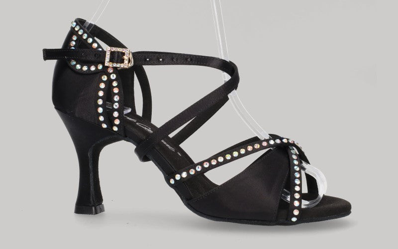 Chaussure de danse de salon noire avec strass en cristal sur la tige et le talon
