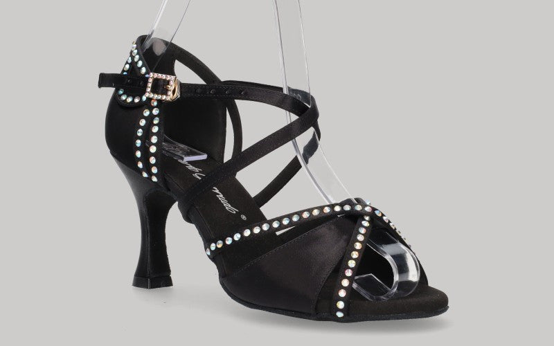 Chaussure de danse de salon noire avec strass en cristal sur la tige et le talon