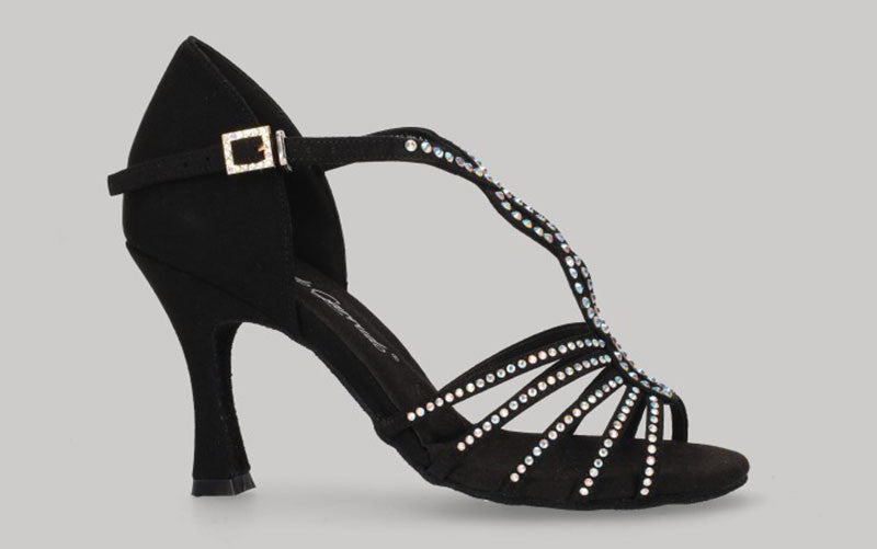 Zapato para baile de salón de ante negro con pedrería de cristal en tiras y empeine