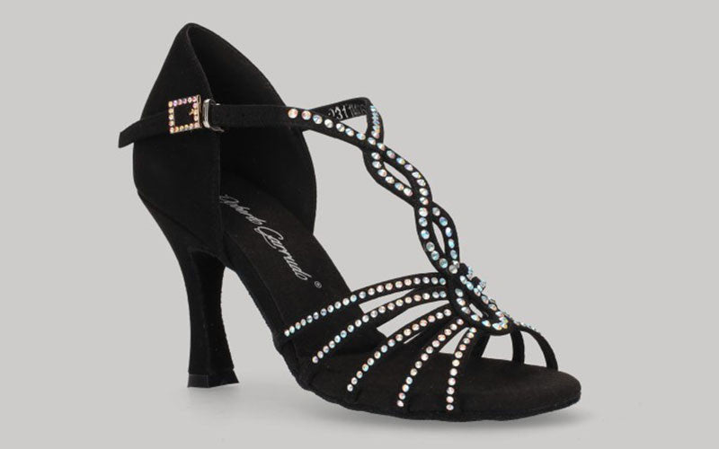 Zapato para baile de salón de ante negro con pedrería de cristal en tiras y empeine