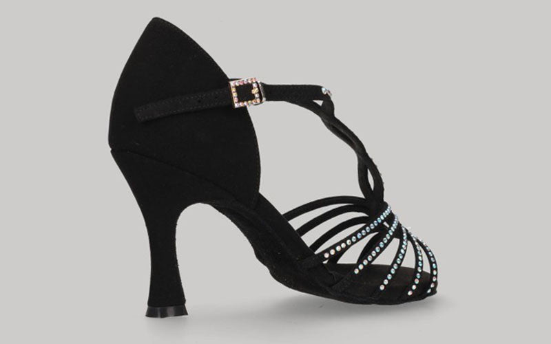 Zapato para Baile de Salón de Ante Negro con Pedrería de Cristal en Tiras y Empeine