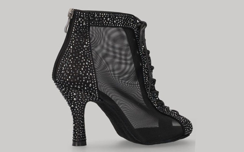 Botte de danse de salon noire à lacets avec strass en cristal sur la tige et le talon