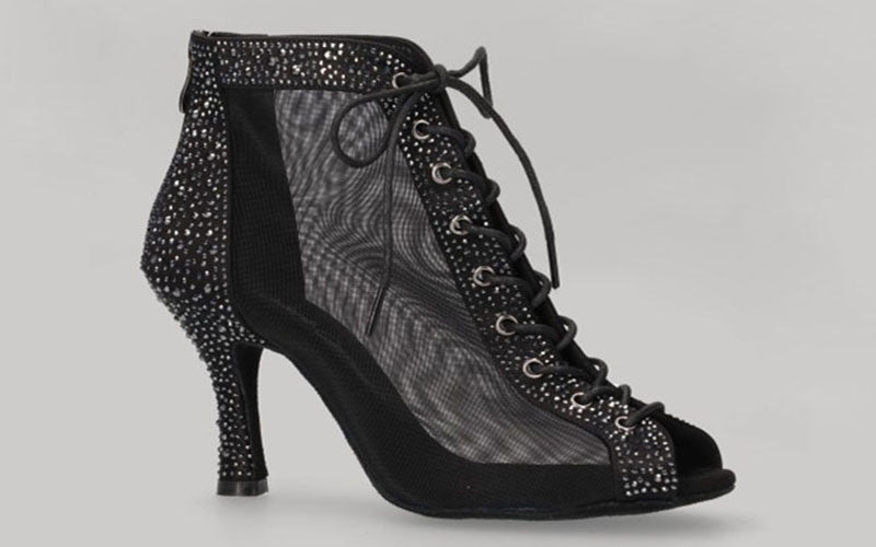Botte de danse de salon noire à lacets avec strass en cristal sur la tige et le talon