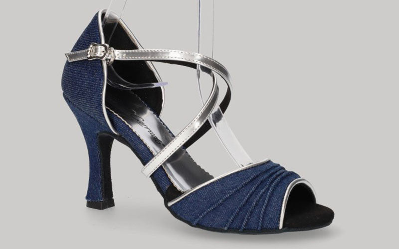Chaussures de danse de salon en denim bleu avec brides croisées argentées