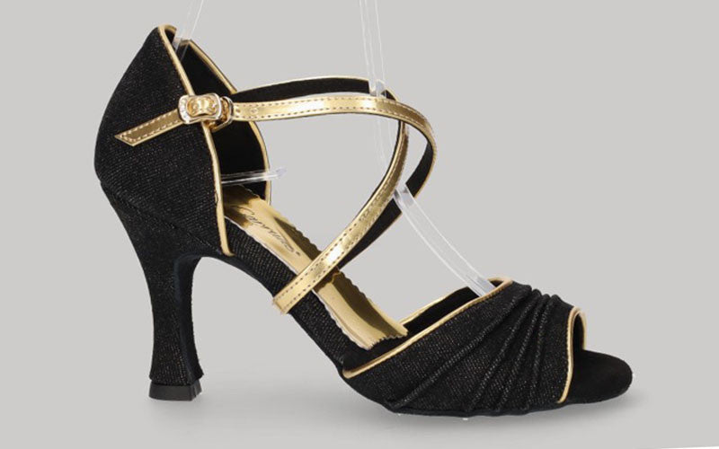 Chaussures de danse de salon en denim noir avec brides croisées dorées