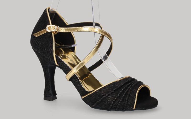 Chaussures de danse de salon en denim noir avec brides croisées dorées