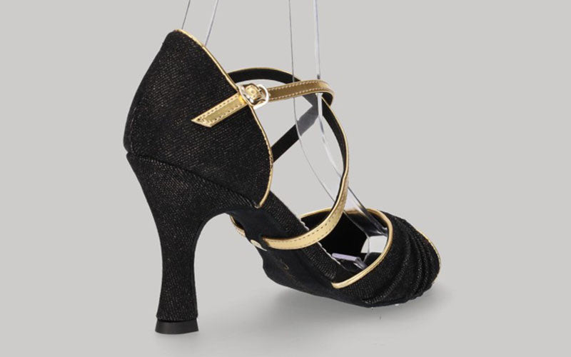 Chaussures de danse de salon en denim noir avec brides croisées dorées