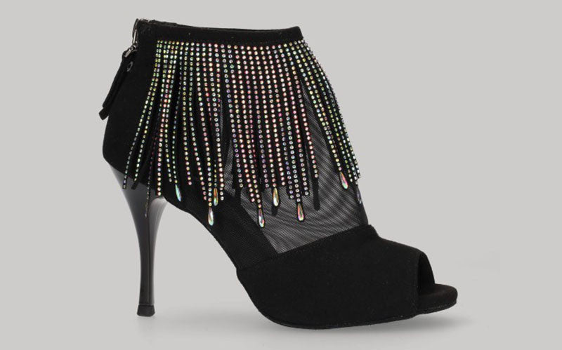 Bottines noires pour danse de salon et tango avec franges en strass