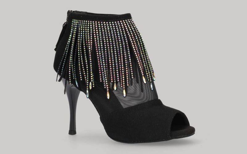 Bottines noires pour danse de salon et tango avec franges en strass