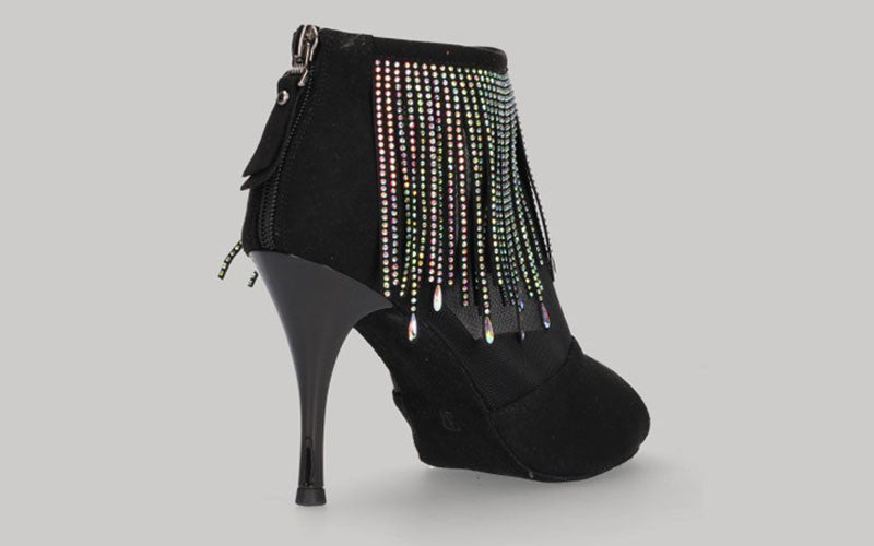 Bottines noires pour danse de salon et tango avec franges en strass