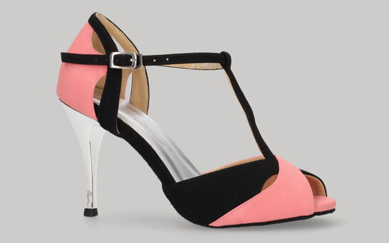 Chaussure de danse de salon et de tango combinée en daim noir et rose